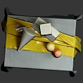 Still Life Arrangement With Cross Shaped Geometric Object Cone Apples And Tablecloth On Table
