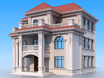 Classical Detached Villa With Red Roof Beige Exterior Arched Porch And Balcony 3d model