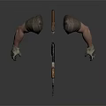 Gun Weapon With Black Orange Body Held By Brown Sleeved Arms White Gloves Red Accessory