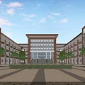 Red Brick School Building With Symmetrical Structure Large Glass Windows Plaza And Palm Trees
