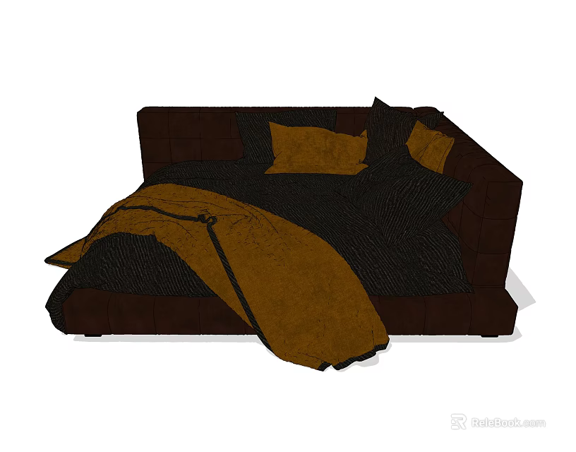 Modern Double Bed With Dark Brown Frame And Yellow Bedding Set 3d model
