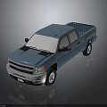 Blue Chevrolet Four Door Pickup Truck With Cargo Bed And Reflective Surface
