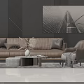 Modern Brown Leather Sofa and Coffee Table Set With Armchair Abstract Painting Gray Wall