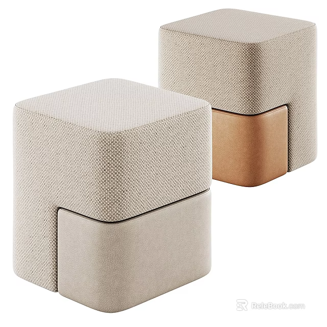 Two Modern Beige Fabric Stools With Brown Legs And Minimalist Design 3d model 