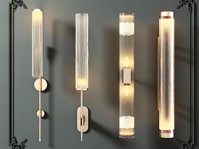 Modern Wall Lamps With Different Designs On Dark Wall Featuring Various Materials And Soft Illumination 3d model