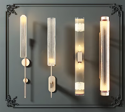 Modern Wall Lamps With Different Designs On Dark Wall Featuring Various Materials And Soft Illumination 3d model