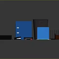 Essential Office Supplies Collection Including Blue Folders Gray Trash Bin File Organizer Calculator And Notebook
