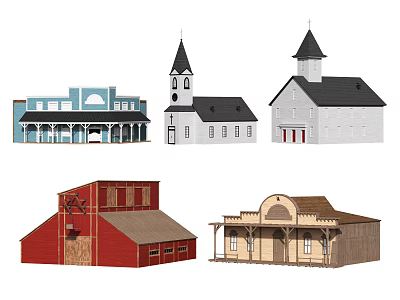 European style Architecture Featuring Steeple Bell Tower Arched Doors And Colorful Facades 3d model