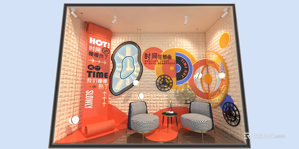 Trendy Shop Window with Vibrant Circular Decorations Orange Accents Checkered Chairs and White Brick Wall 3d model 
