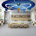 School Classroom Featuring Starry Sky Ceiling Planet Decorations Long Table Chairs TV and Storage Cabinets