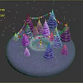 Purple Cone Shaped Trees With Central Blue Pool Illuminated Decorations And Snowflakes On Circular Platform