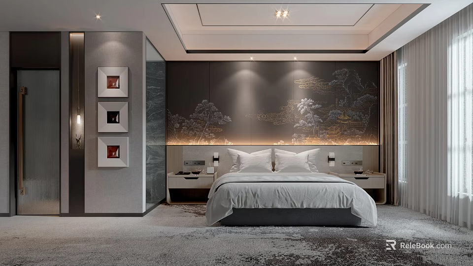 Elegant Modern Hotel Guest Room With Landscape Painting Wall Framed Artworks Bed And Nightstands 3d model 