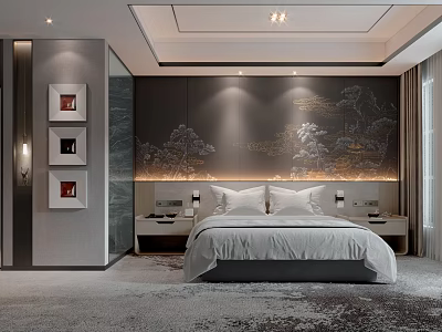 Elegant Modern Hotel Guest Room With Landscape Painting Wall Framed Artworks Bed And Nightstands 3d model
