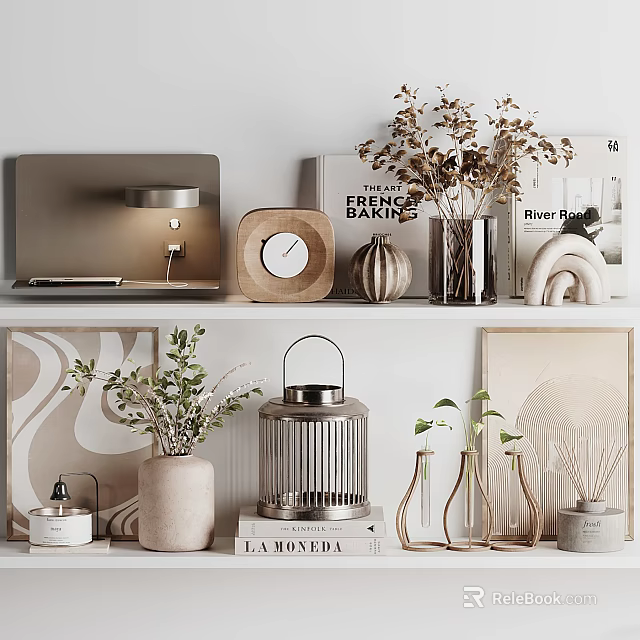 Stylish Decorative Ornaments Set With Lantern Vases Clock And Dried Flowers On Shelves 3d model 