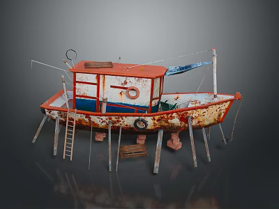 Old Red and White Rusty Model Boat with Ladder on Wooden Supports 3d model