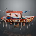 Old Red and White Rusty Model Boat with Ladder on Wooden Supports