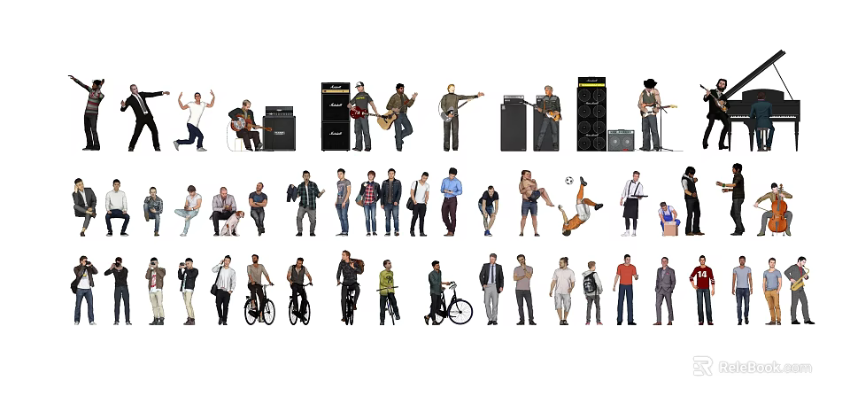 Group Of People In Various Activities Playing Instruments Cycling And Casual Poses With Musical Gear 3d model 
