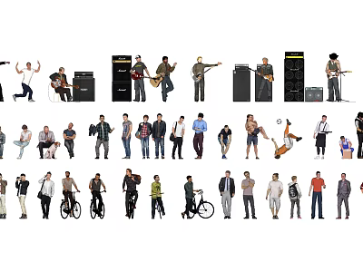 Group Of People In Various Activities Playing Instruments Cycling And Casual Poses With Musical Gear 3d model