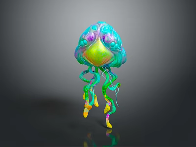 Colorful Jellyfish With Turquoise Purple Yellow Body And Green Yellow Flowing Tentacles 3d model