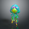 Colorful Jellyfish With Turquoise Purple Yellow Body And Green Yellow Flowing Tentacles