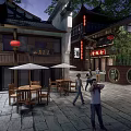 Traditional Commercial Street with Traditional Architecture Red Lanterns Stone Paved Path and Pedestrians