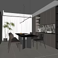 Modern Restaurant Interior With Dining Table Chairs Pendant Lights And Marble Backsplash 3d model