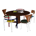 Round Table With Colorful Chairs Set Wooden Backrest Metal Legs And Fruit Bowl Open Book