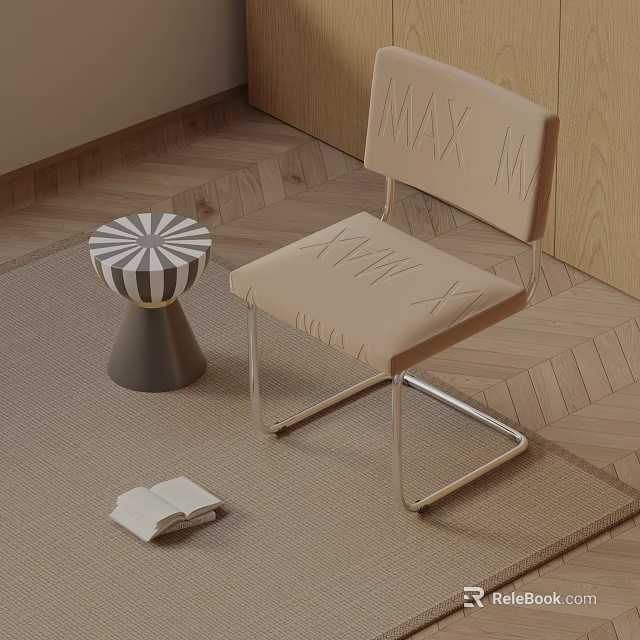 Beige Upholstered Dining Chair With Lettering Details Metal Legs And Striped Stool On Carpet 3d model 