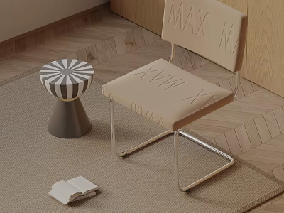 Beige Upholstered Dining Chair With Lettering Details Metal Legs And Striped Stool On Carpet 3d model