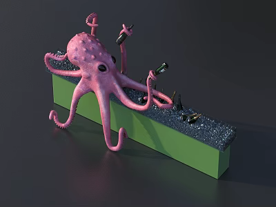 Detailed Pink Octopus Sculpture Holding Tools On Green Base With Black Granules 3d model