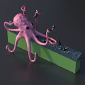 Detailed Pink Octopus Sculpture Holding Tools On Green Base With Black Granules