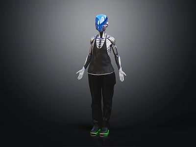 Humanoid Character With Blue Head Mechanical Skeletal Body White Gloves Black Pants Green Glowing Shoes 3d model