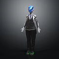 Humanoid Character With Blue Head Mechanical Skeletal Body White Gloves Black Pants Green Glowing Shoes
