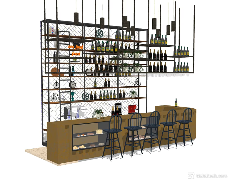 Modern Bar Counter With Black Stools Wine Racks And Displayed Wine Bottles 3d model 