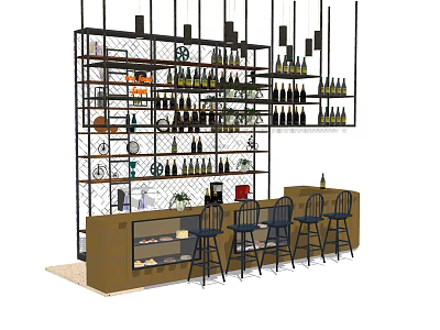 Modern Bar Counter With Black Stools Wine Racks And Displayed Wine Bottles 3d model