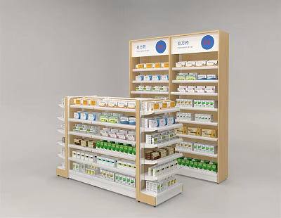 Pharmacy Display Shelves With Wooden White Structure And Multiple Tiers For Product Storage 3d model