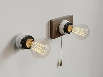 Modern Vintage Wall Lamps with Wooden White Bases Clear Filament Bulbs Pull Cord Switch 3d model