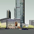 Modern High Rise Office Buildings With Glass Facade And Urban Green Space