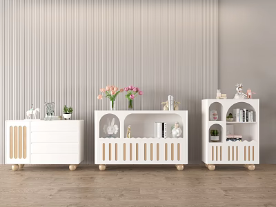 White Console Cabinet and Side Cabinet with Wooden Stripes Legs Vase Flowers Plants and Decorations 3d model