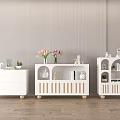 White Console Cabinet and Side Cabinet with Wooden Stripes Legs Vase Flowers Plants and Decorations