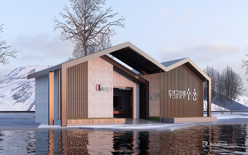 Modern Waterfront Building With Wooden Stone Exterior Sloped Roof And Snowy Landscape 3d model 