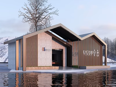 Modern Waterfront Building With Wooden Stone Exterior Sloped Roof And Snowy Landscape 3d model