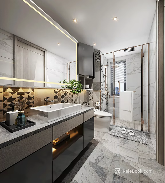 Modern Luxury Bathroom Interior With Marble Vanity Toilet And Gold Accented Glass Shower Enclosure 3d model 