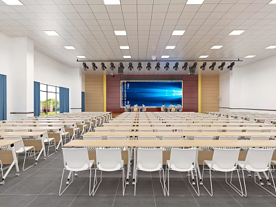 Modern Conference Room Interior Design With Large Screen Rows Of Tables Chairs And Lighting 3d model