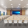 Modern Conference Room Interior Design With Large Screen Rows Of Tables Chairs And Lighting