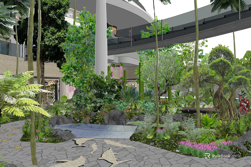 Garden Landscape Design With Lush Plants Stone Pathway Small Pond And Colorful Flowers 3d model 
