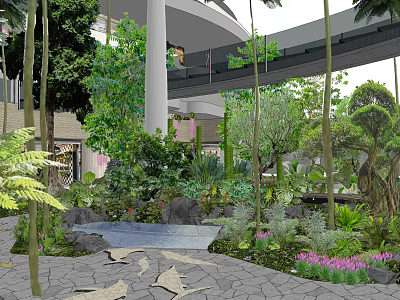 Garden Landscape Design With Lush Plants Stone Pathway Small Pond And Colorful Flowers 3d model