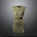Elegant White Sleeveless Dress With Vertical Striped Texture And Gold Round Decorative Belt Buckle