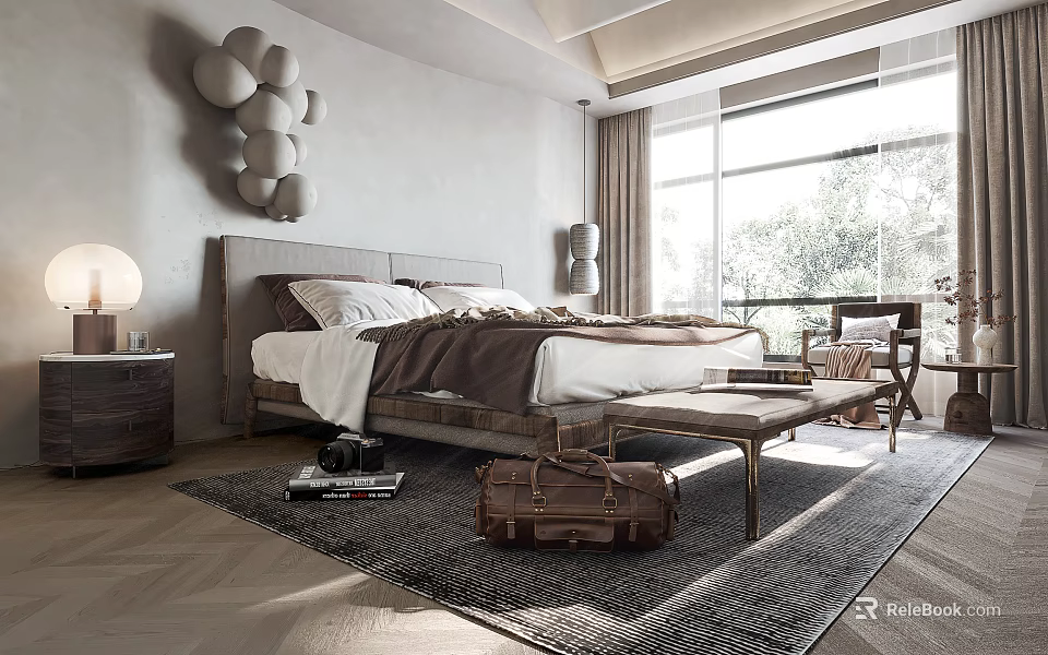 Modern Bedroom Interior With Wooden Bed Frame Large Window Decorative Wall Art And Area Rug 3d model 