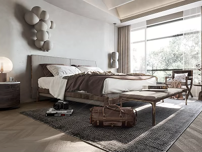 Modern Bedroom Interior With Wooden Bed Frame Large Window Decorative Wall Art And Area Rug 3d model